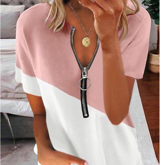 Pants - Summer Contrast Print V-neck Top Vintage Zipper